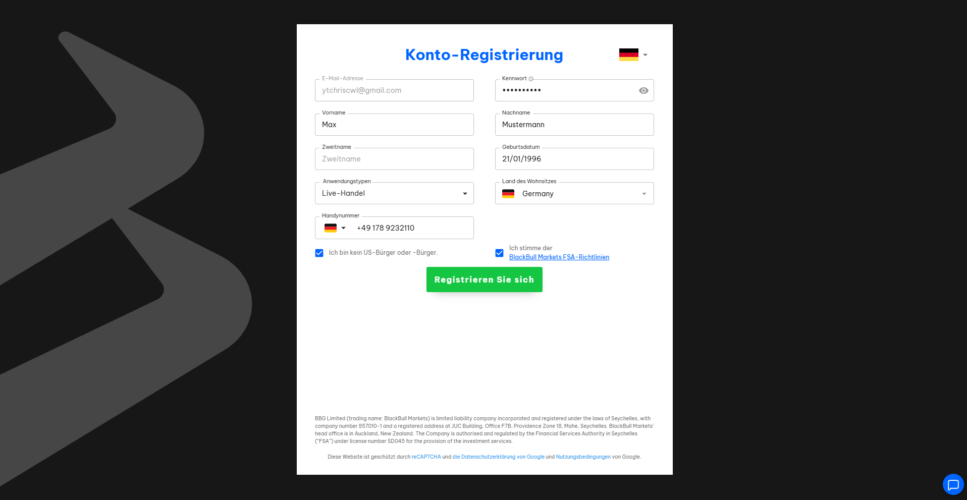 BlackBull Registrierung Schritt 2